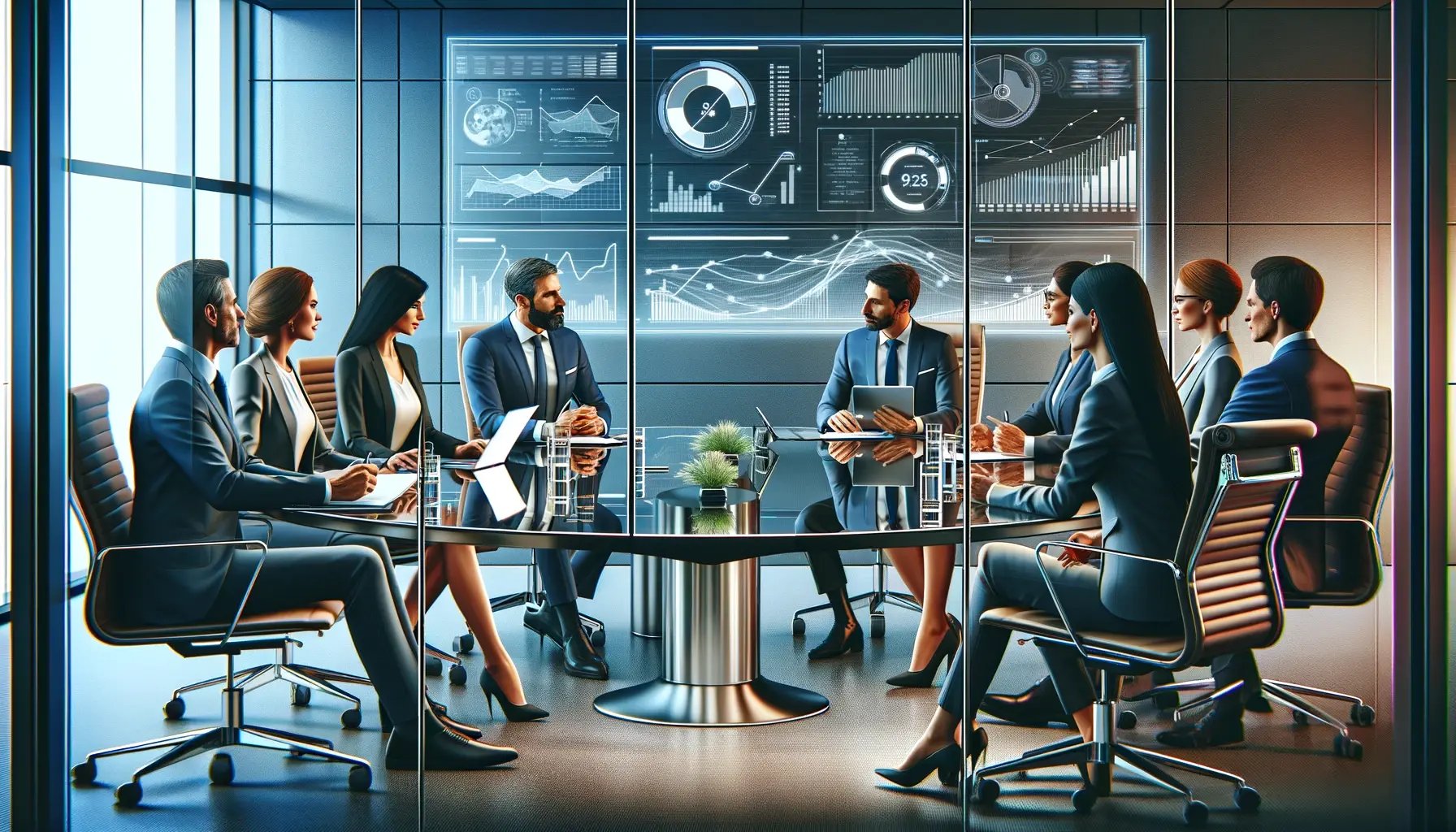 DALL·E 2024-05-07 13.01.17 - Illustration of a board of executives meeting in a modern conference room, discussing the future of their company. The scene includes a diverse group 